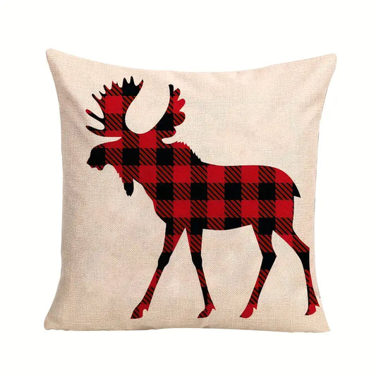 Buffalo plaid moose silhouette pillow cover with red and black plaid moose on a neutral background