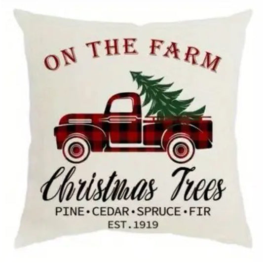Buffalo plaid Christmas pillow cover featuring a red truck carrying a Christmas tree with tree farm sign text.