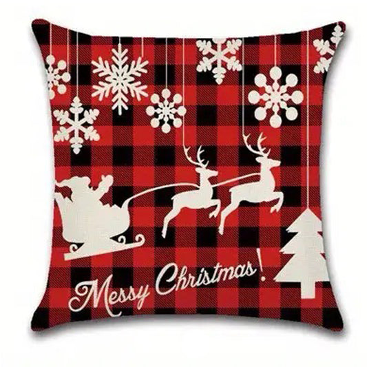 Red and black buffalo plaid pillow cover with a sleigh and reindeer with snowflake accents