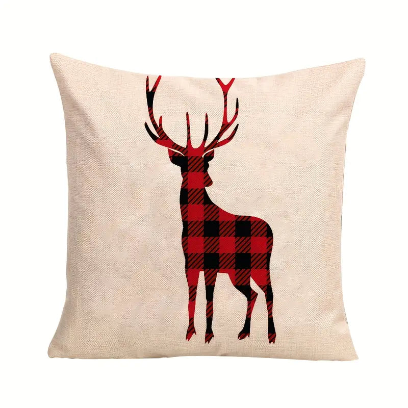 Buffalo plaid deer silhouette pillow cover with red and black plaid standing deer on a neutral background