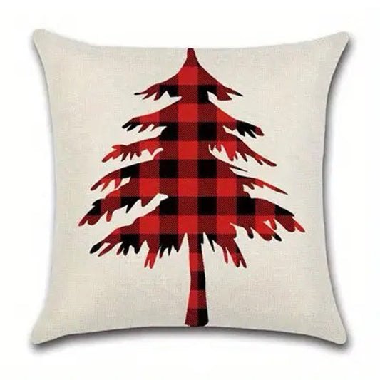 Red and black buffalo plaid pillow cover with a single evergreen tree