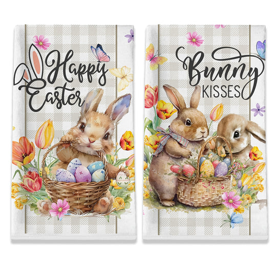 Delightful 16x24 inch Easter kitchen towels with bunnies, tulips, chicks, and Easter eggs on buffalo plaid and gingham backgrounds, styled on a counter for farmhouse spring décor – Coastal Pillows Plus