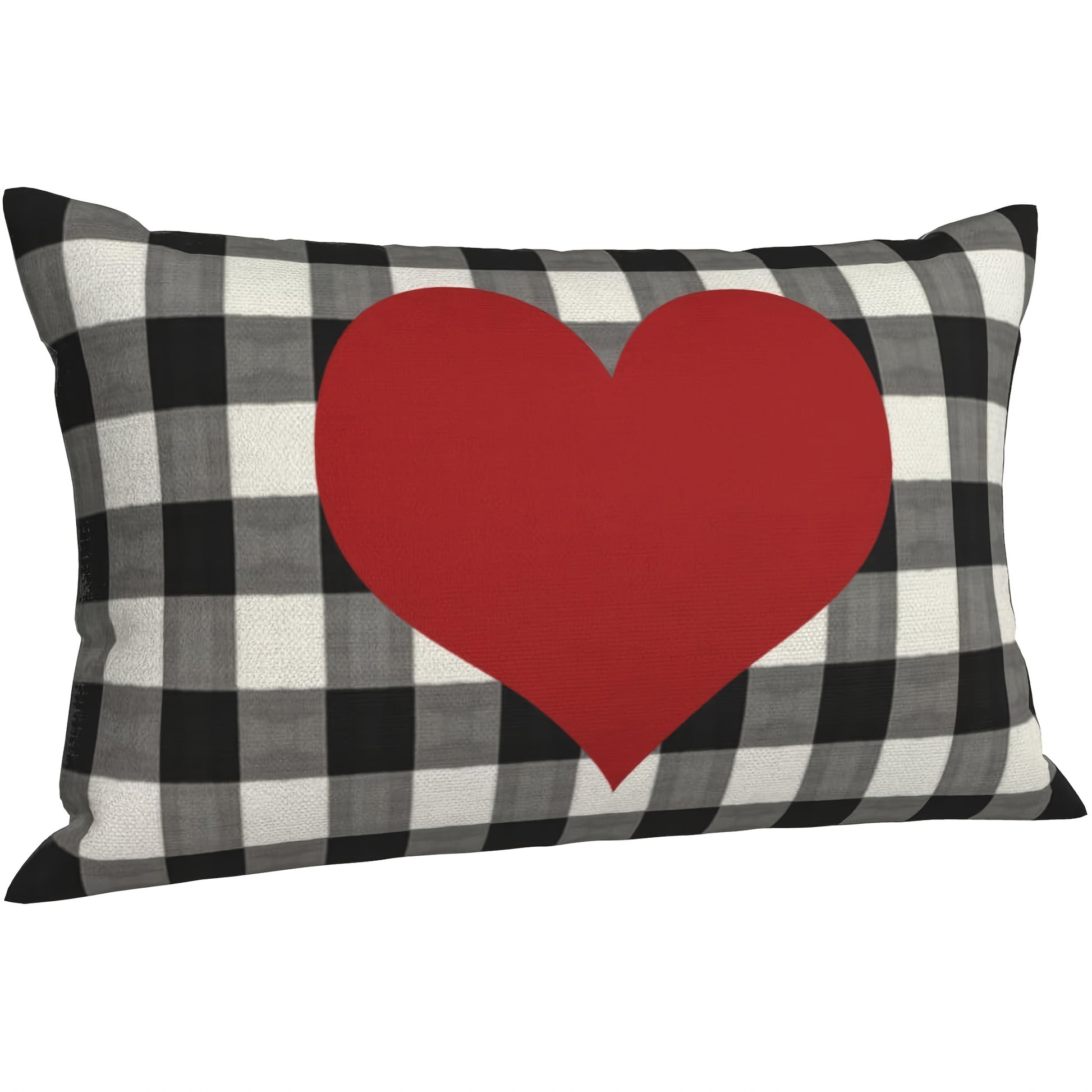 Black and white buffalo plaid lumbar pillow cover featuring a large red heart centerpiece - Coastal Pillows Plus