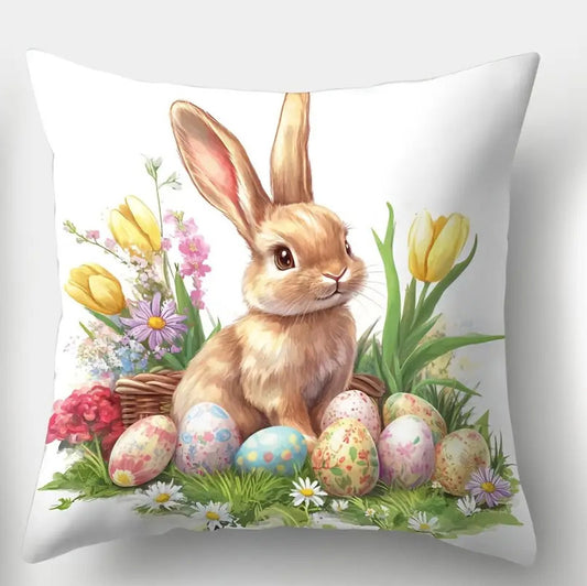 Enchanting 16x16 inch Easter pillow cover featuring watercolor bunny, chick, and lamb illustrations with spring florals for festive décor – Coastal Pillows Plus.