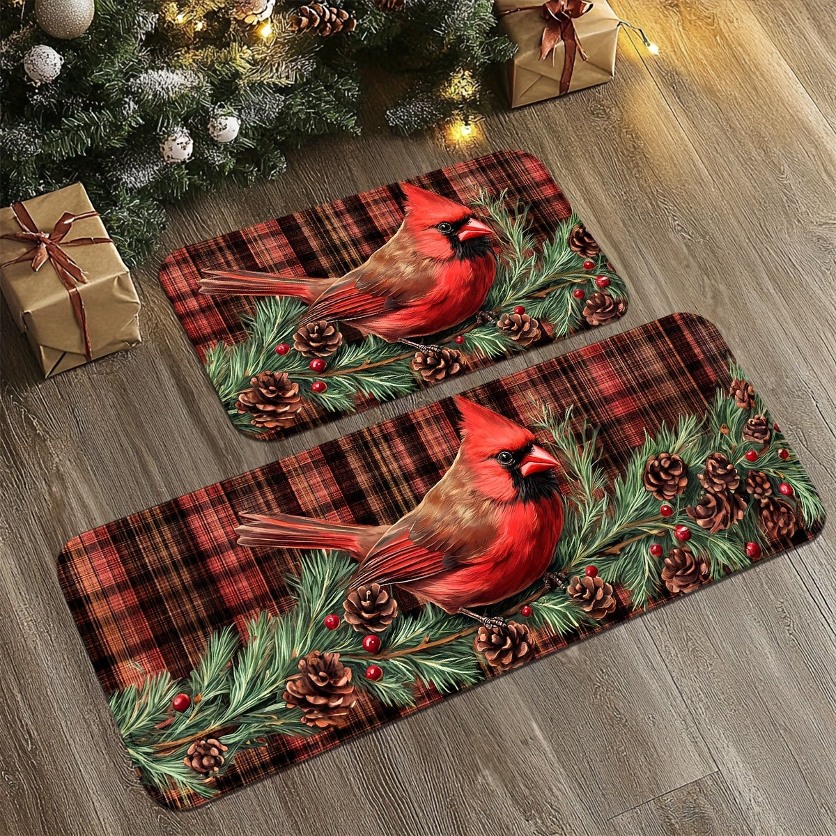 Holiday mat or runner featuring a red cardinal among pine branches and berries on a red plaid background.