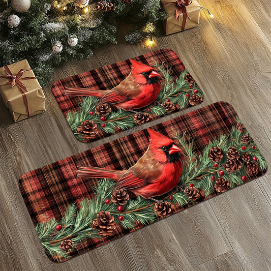Holiday mat or runner featuring a red cardinal among pine branches and berries on a red plaid background.