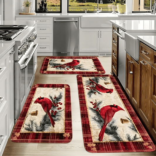Holiday kitchen mat or runner featuring red cardinals, pine branches, and festive accents on a red plaid background.