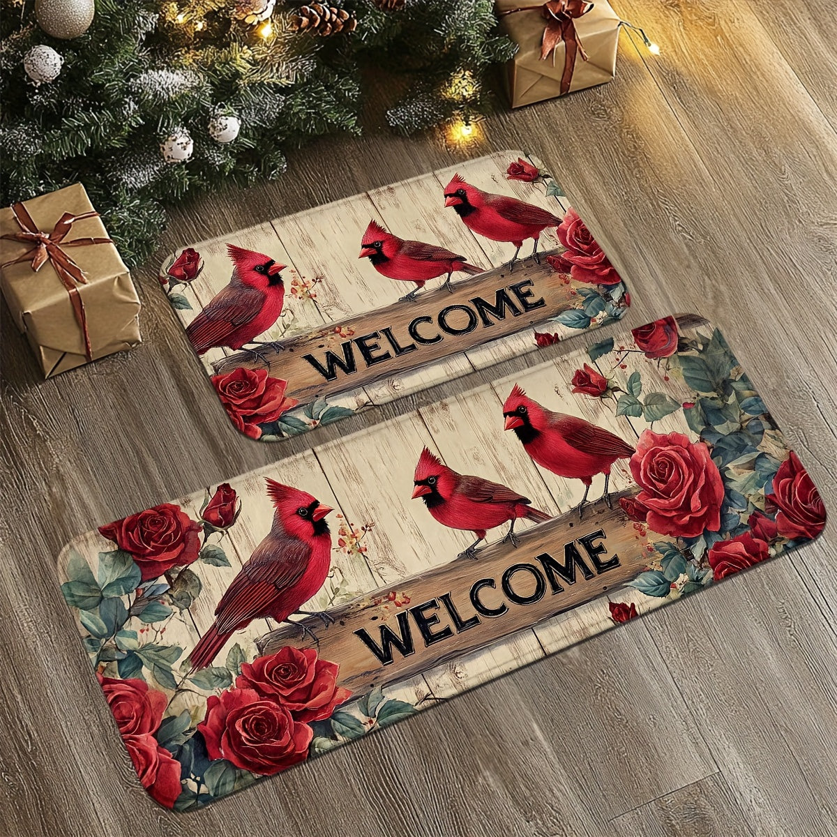 Holiday welcome mat or runner featuring red cardinals and roses on a rustic wood-style background.