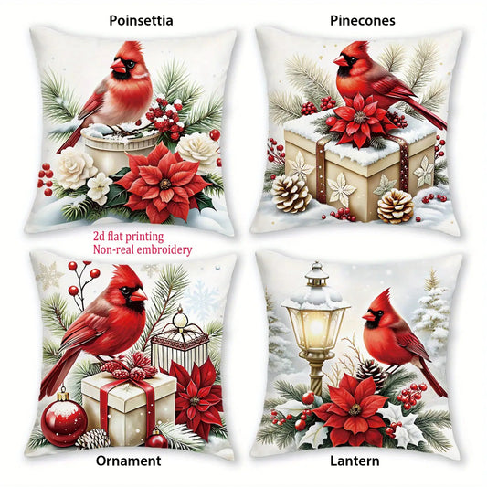 Red Cardinals, Presents, Poinsettia, and Pinecones - Zipper Closure, Machine Washable