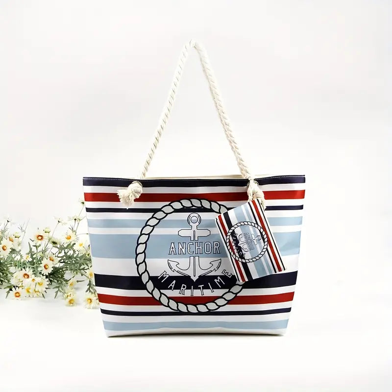 Striped And Anchor Pattern Tote Bag