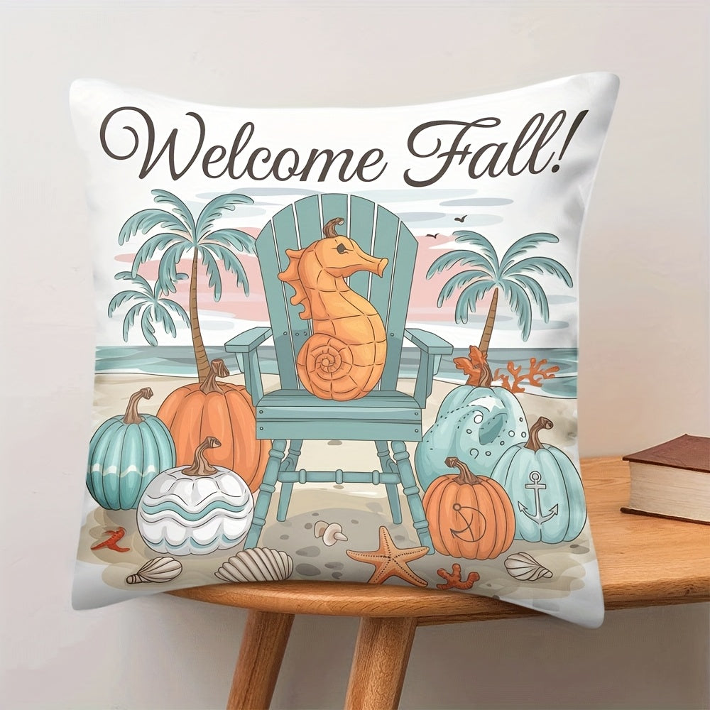(Text to copy) Charming coastal beach scene with seahorse and pumpkins for Autumn décor – Coastal Pillows Plus.