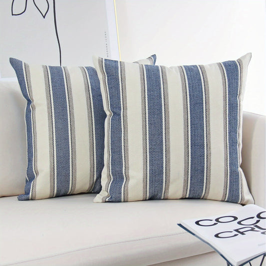 Chic Blue Striped Throw Pillow Covers in Farmhouse Style Nautical Décor, 18x18" - Coastal Pillows Plus