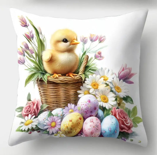 Enchanting 16x16 inch Easter pillow cover featuring watercolor bunny, chick, and lamb illustrations with spring florals for festive décor – Coastal Pillows Plus.