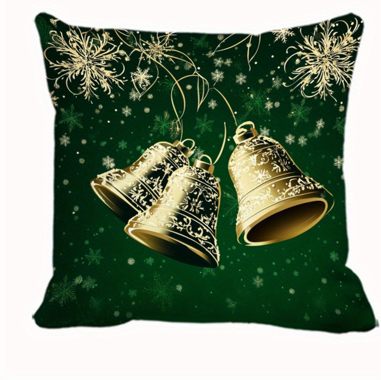 Pillow cover with gold bells and snowflakes on a green background
