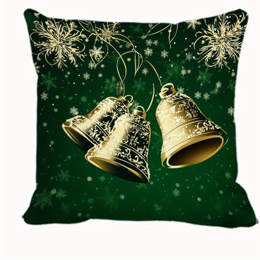 Pillow cover with gold bells and snowflakes on a green background