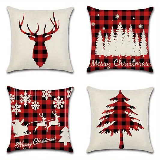 Four red and black buffalo plaid pillow covers featuring a reindeer silhouette, forest with snowfall and text, sleigh with reindeer, and a single evergreen tree