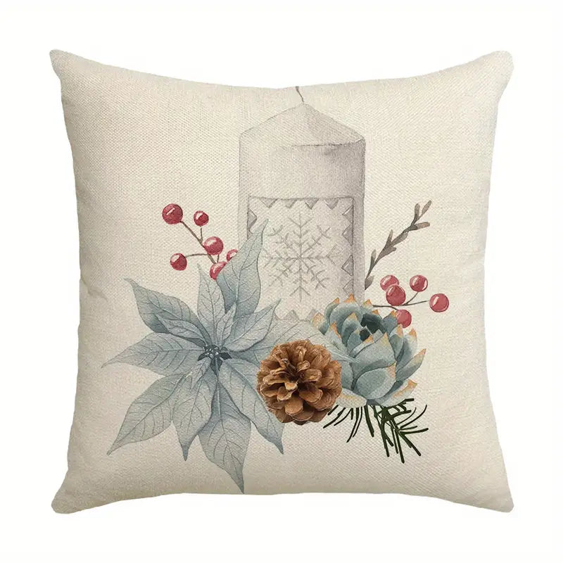 Christmas pillow cover with candle, winter greenery, berries, and pinecone on a neutral background
