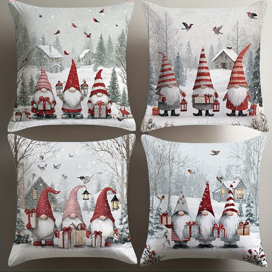 Set of four Christmas pillow covers with gnome figures in snowy scenes featuring cottages, lanterns, birds, and wrapped gifts
