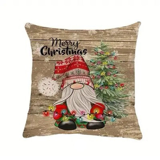 Christmas pillow cover featuring a gnome holding holiday lights with a Christmas tree on a rustic wood background.
