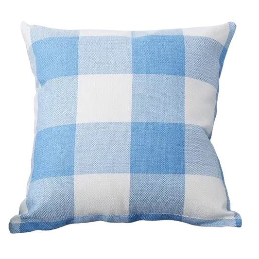 Square pillow cover featuring a light blue and white gingham check pattern on a neutral background.