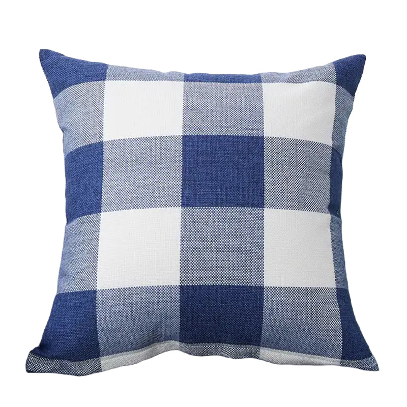 Square pillow cover featuring a navy blue and white gingham check pattern on a light background.