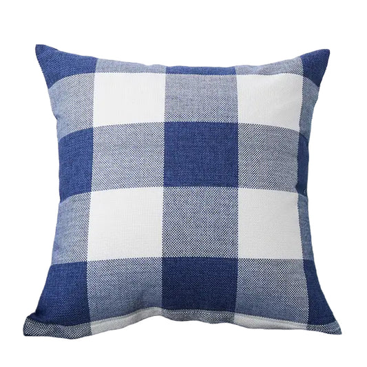 Square pillow cover featuring a navy blue and white gingham check pattern on a light background.