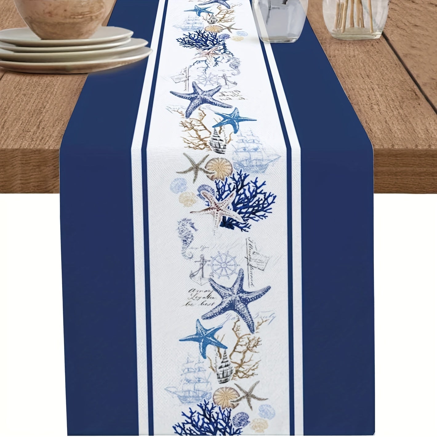 Classic Navy Blue Striped Ocean Coral Linen Table Runner with Starfish and Shells - Available in 13x48", 13x72", or 13x108"
