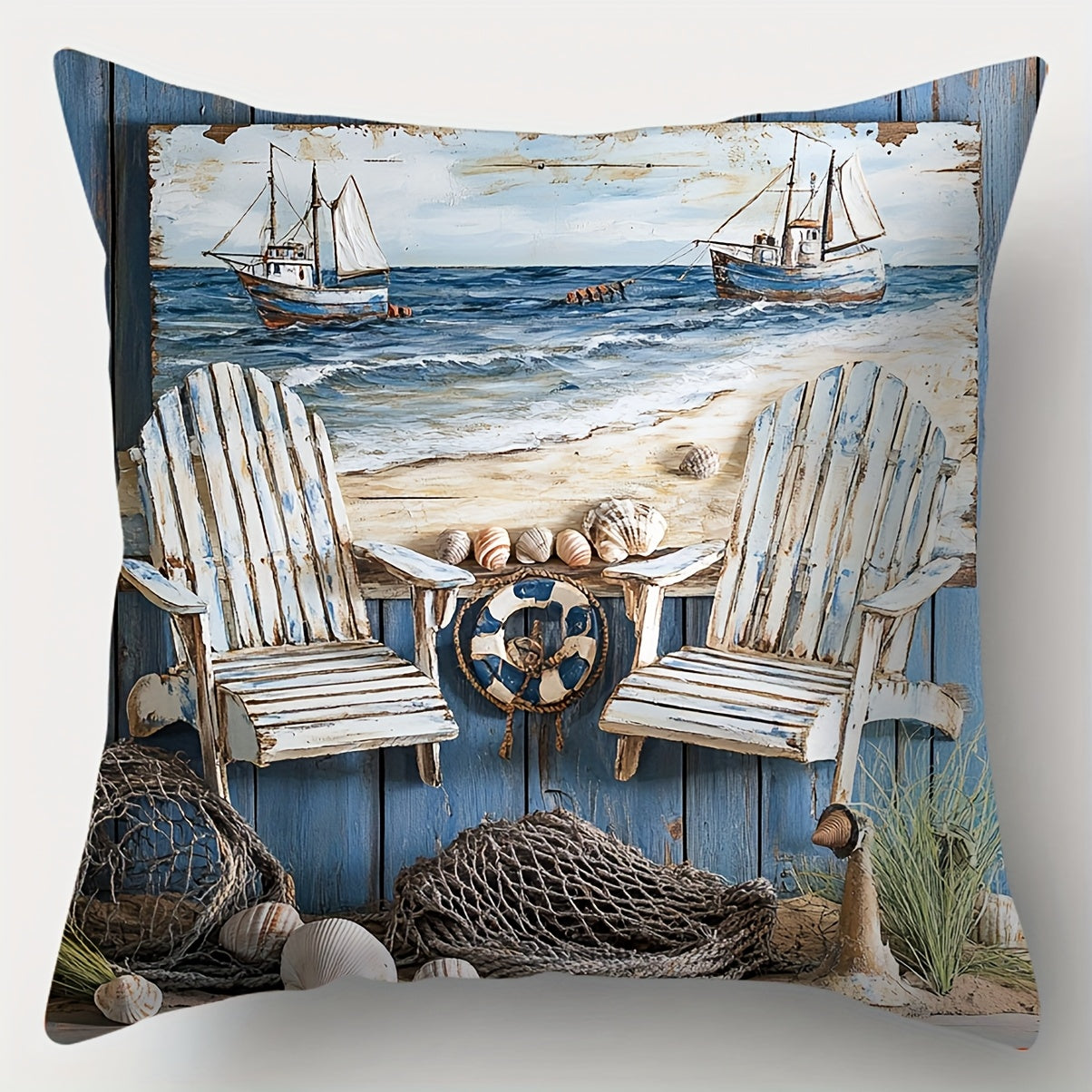 Coastal pillow cover featuring two wooden beach chairs facing the ocean with sailboats and shoreline details on a blue wood backdrop.