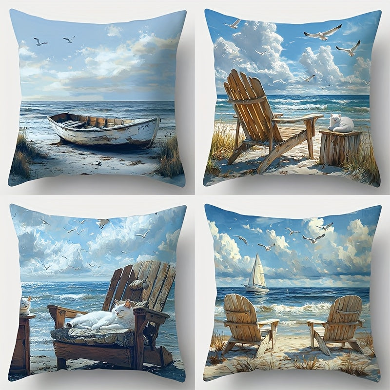 Four coastal pillow covers featuring beach scenes with a rowboat, Adirondack chairs, ocean views, sailboat, seabirds, and shoreline landscapes in blue and neutral tones.