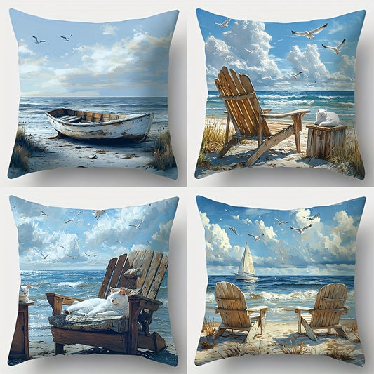 Four coastal pillow covers featuring beach scenes with a rowboat, Adirondack chairs, ocean views, sailboat, seabirds, and shoreline landscapes in blue and neutral tones.
