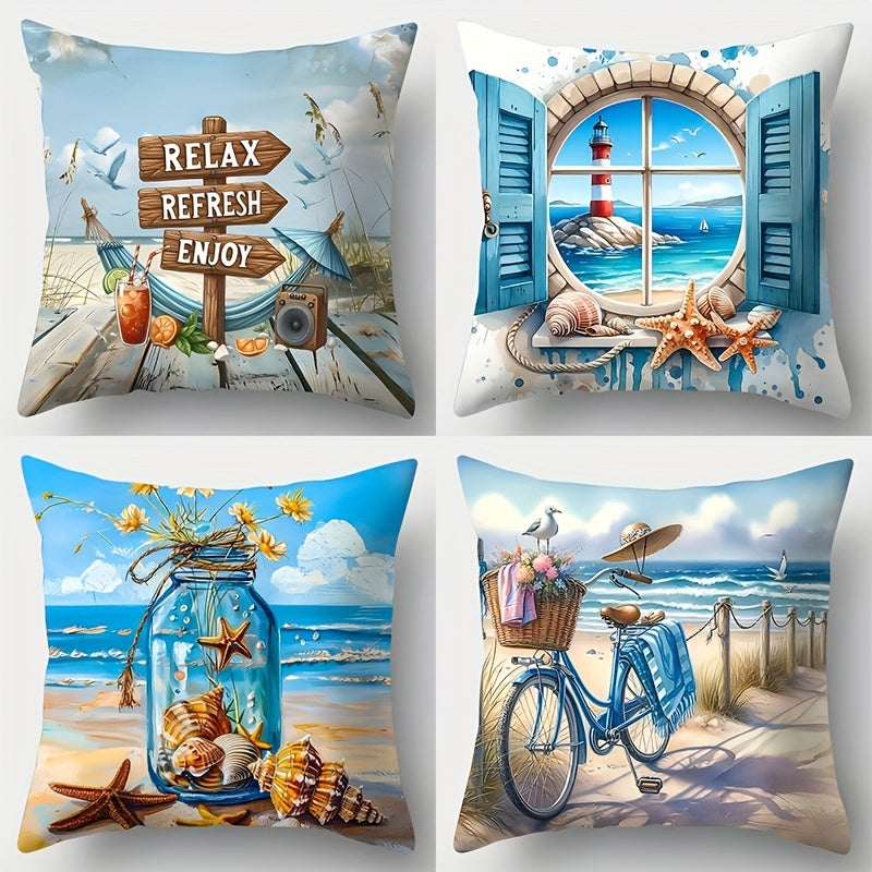 Four coastal pillow covers featuring a relax sign, lighthouse window scene, seashell jar, and beach bicycle illustration in blue and sandy coastal tones, displayed together.