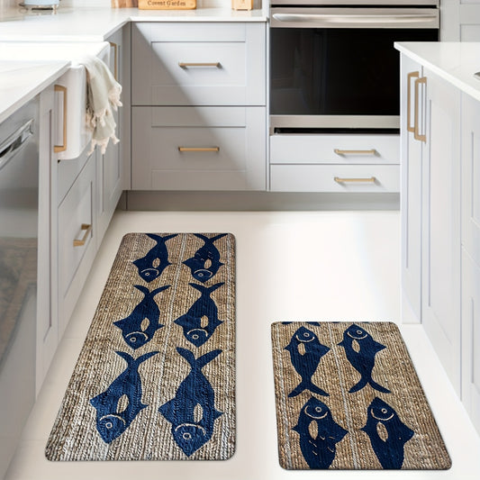 Coastal mat or runner featuring repeating blue fish on a light background, designed for kitchens, hallways, or entryways.