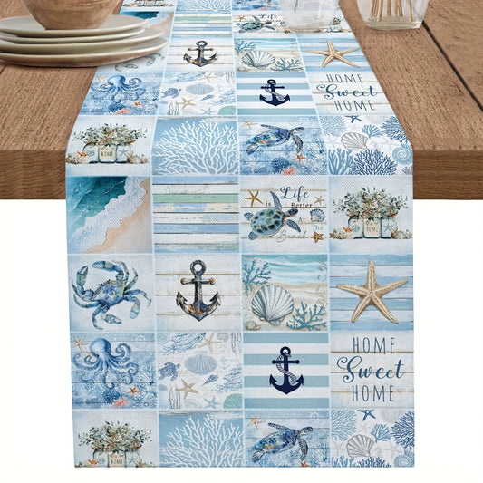 Clean-Lined Summer Ocean Patchwork Table Runner with Sea Turtle and Coral Design - Versatile Coastal décor in 13x48", 13x72", or 13x108"