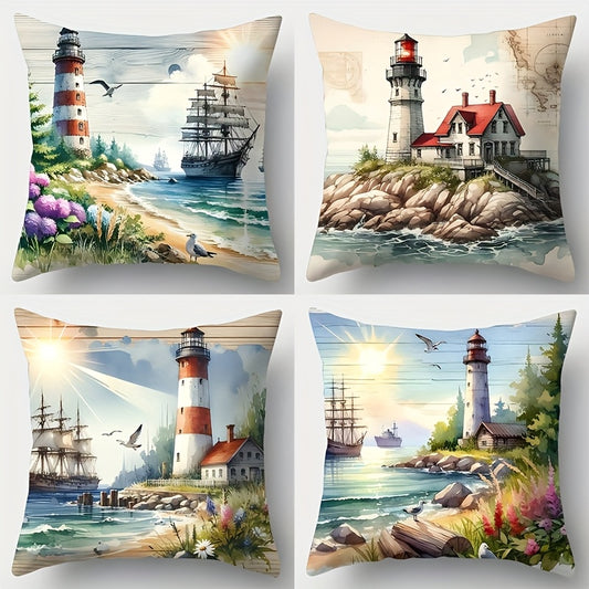 Four coastal pillow covers featuring lighthouse scenes with sailing ships, rocky shores, ocean views, and seaside landscapes in blue and warm coastal tones, displayed together.