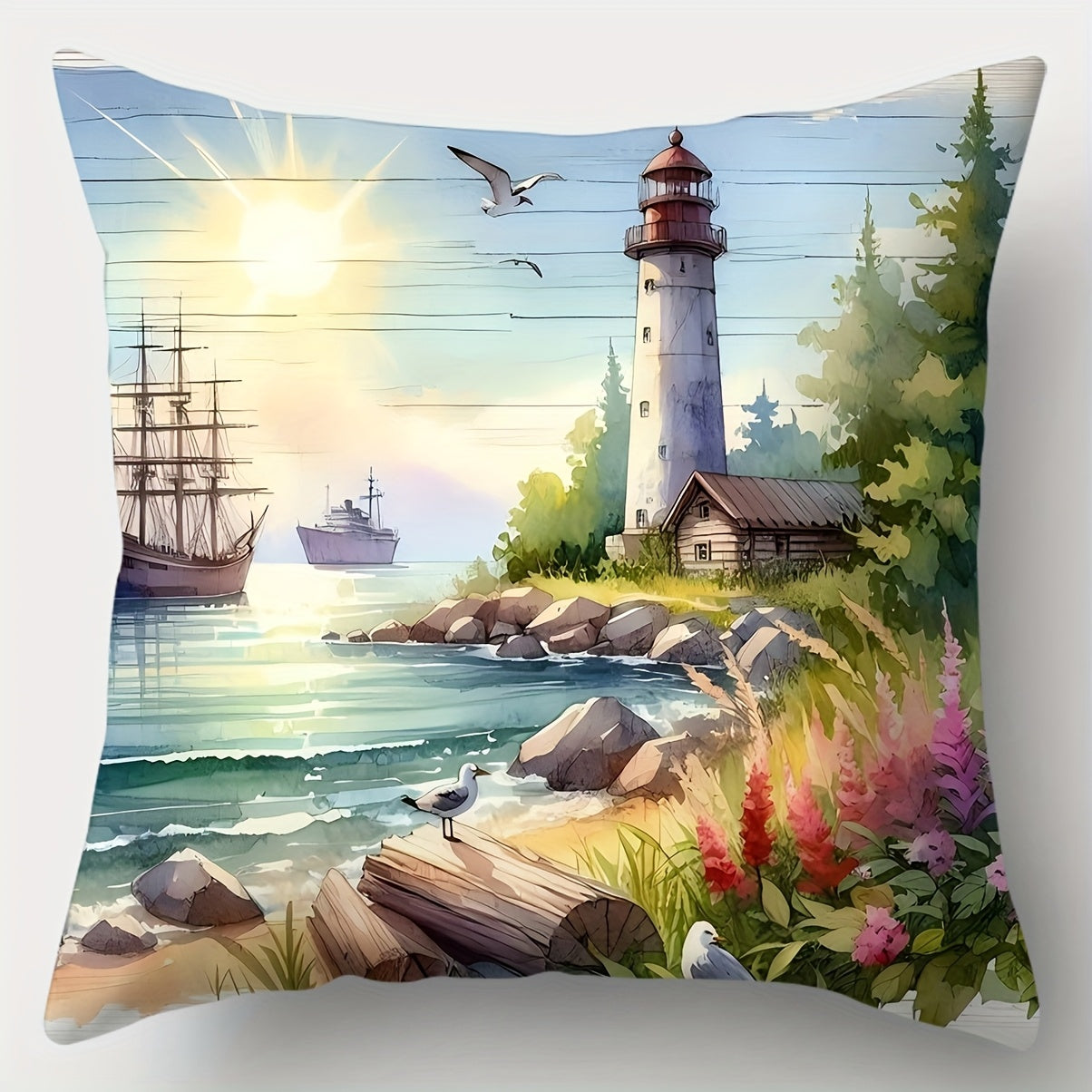Coastal pillow cover featuring a lighthouse near a harbor with sailing boats, shoreline rocks, wildflowers, and ocean scenery.