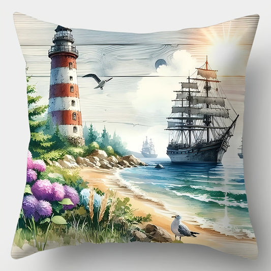 Coastal pillow cover featuring a lighthouse beside a beach with sailing ship, ocean waves, seabirds, and flowering shoreline in soft blue and green tones.