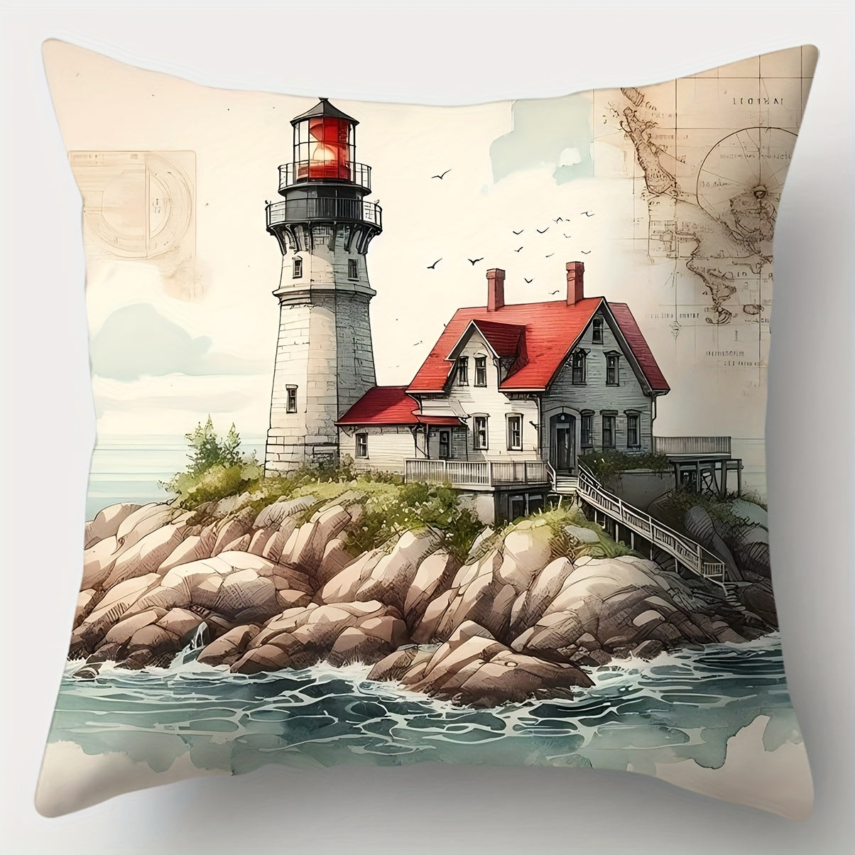 Coastal pillow cover featuring a lighthouse beside a beach with sailing ship, ocean waves, seabirds, and flowering shoreline in soft blue and green tones.