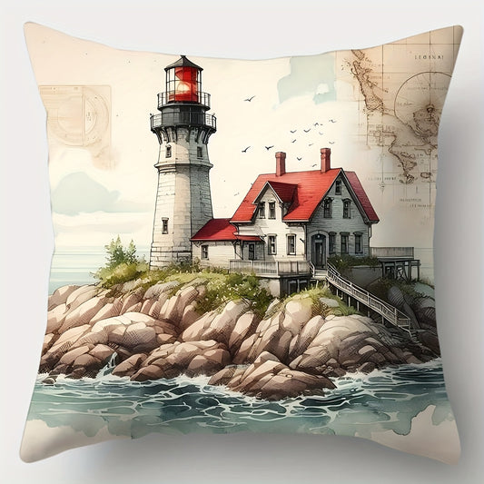 Coastal pillow cover featuring a lighthouse beside a beach with sailing ship, ocean waves, seabirds, and flowering shoreline in soft blue and green tones.