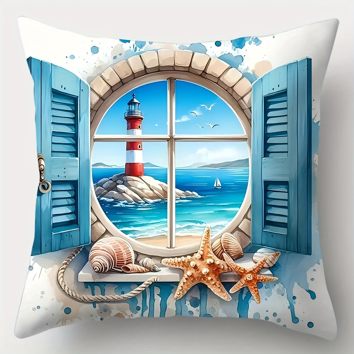 Coastal pillow cover featuring a lighthouse viewed through an open window with ocean waves, shells, and blue shutters on a light background.