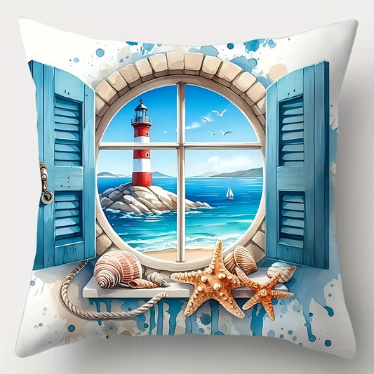 Coastal pillow cover featuring a lighthouse viewed through an open window with ocean waves, shells, and blue shutters on a light background.
