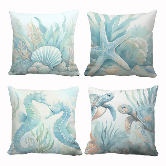 Four coastal pillow covers featuring illustrated seashells, starfish, seahorses, and sea turtles in soft blue, teal, and neutral tones, displayed together.