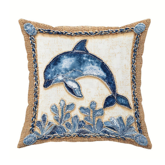 Blue and cream coastal outdoor pillow cover featuring a dolphin design with burlap-style border and hidden zipper closure, shown on a white background.