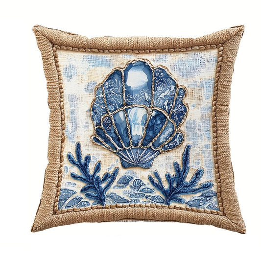 Blue and cream coastal outdoor pillow cover featuring a scallop shell design with burlap-style border and hidden zipper closure, shown on a white background.