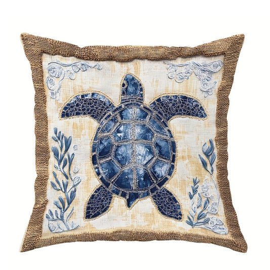 Blue and cream coastal outdoor pillow cover featuring a sea turtle design with burlap-style border and hidden zipper closure, shown on a white background.