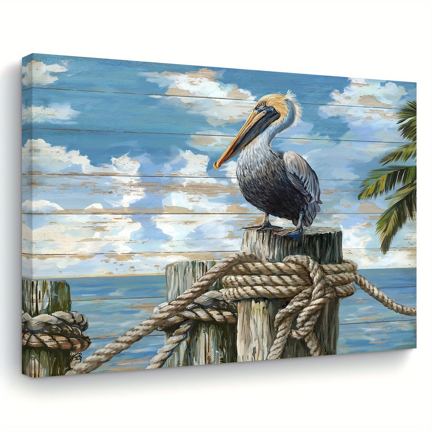 A serene canvas print of a pelican perched on a dock with a bright blue sky and ocean backdrop. - Coastal Pillows Plus