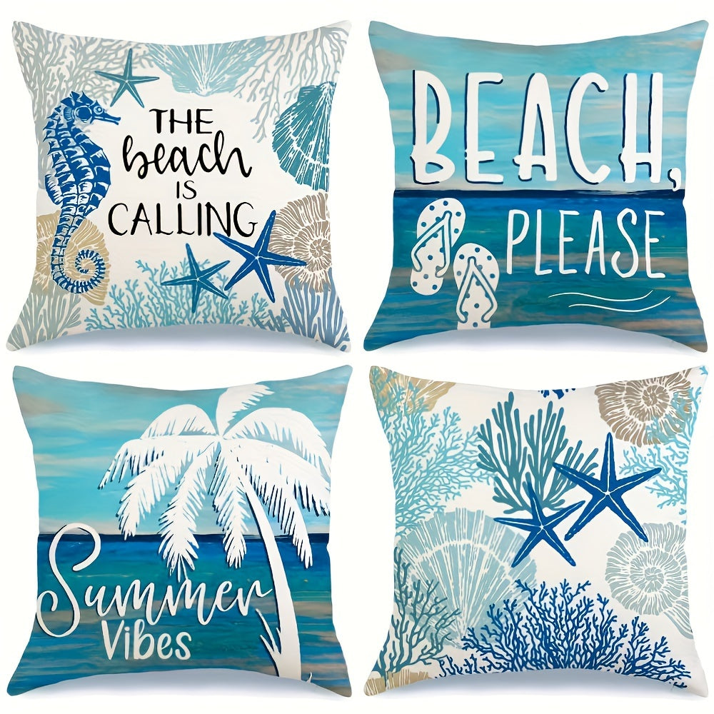 Four coastal pillow covers featuring beach-themed quotes, coral and starfish illustrations, and blue, teal, beige, and white color tones, displayed together.