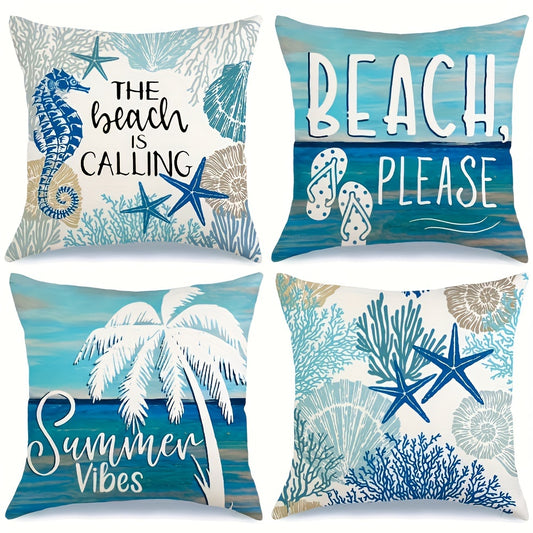 Four coastal pillow covers featuring beach-themed quotes, coral and starfish illustrations, and blue, teal, beige, and white color tones, displayed together.