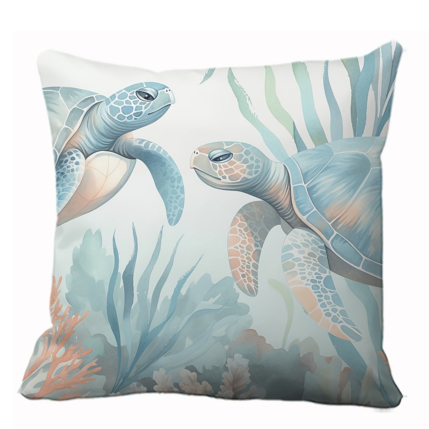 Coastal pillow cover featuring two illustrated sea turtles swimming among coral and sea plants in soft blue and neutral tones.