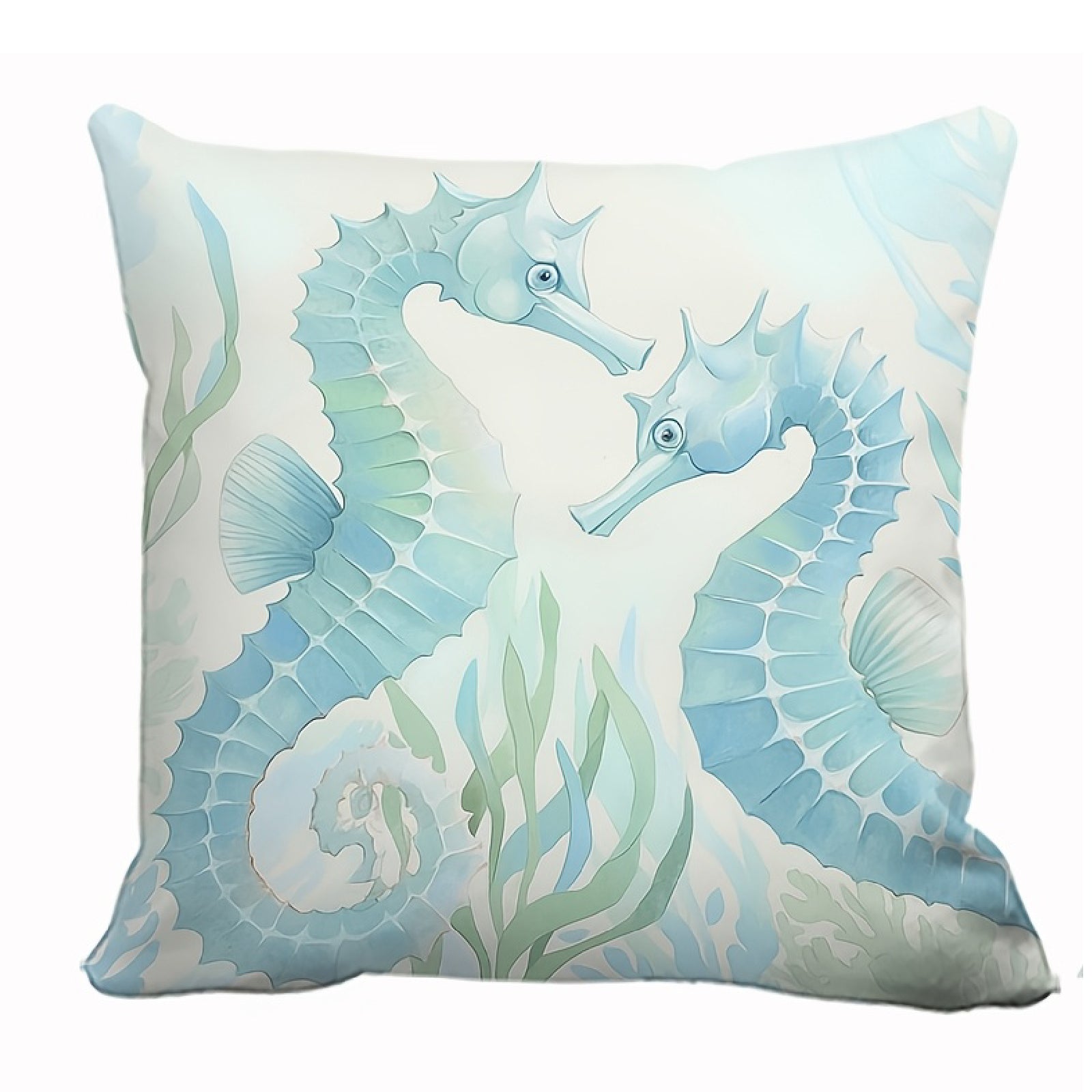Coastal pillow cover featuring two illustrated seahorses among sea plants and shells in soft blue and green tones.
