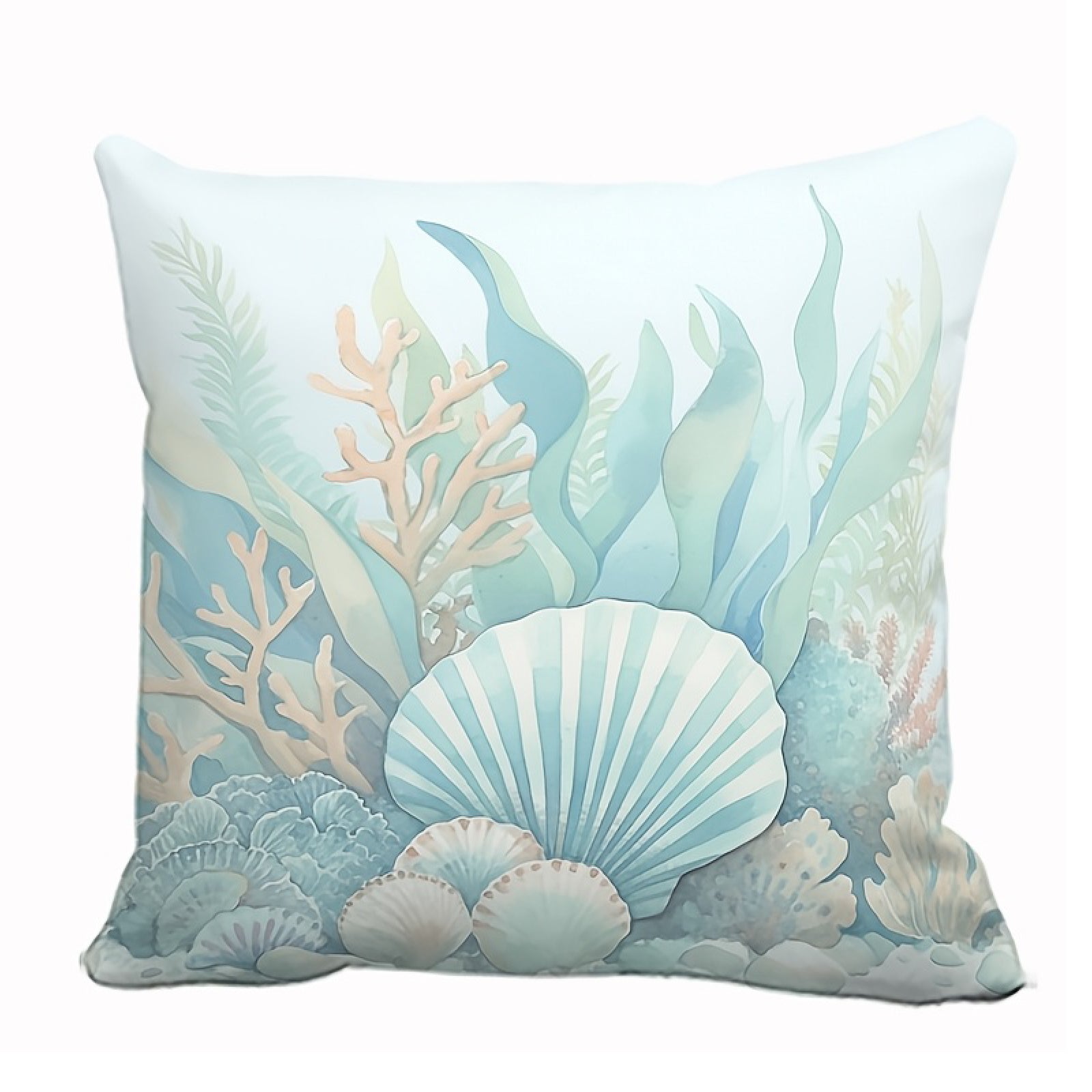 Coastal pillow cover featuring illustrated seashells and coral surrounded by sea plants in soft blue and beige tones.